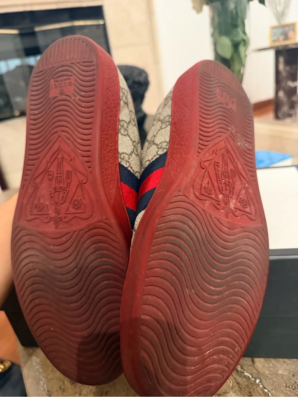 Gucci Beige GG Canvas Sneakers with Red & Navy Web and Red Sole